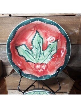 Handpainted Studio 33 Holiday-Themed Ceramic Bowl With Holly & Berry Design 8" D